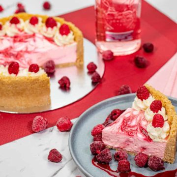 featured image of pink gin raspberry swirl cheesecake