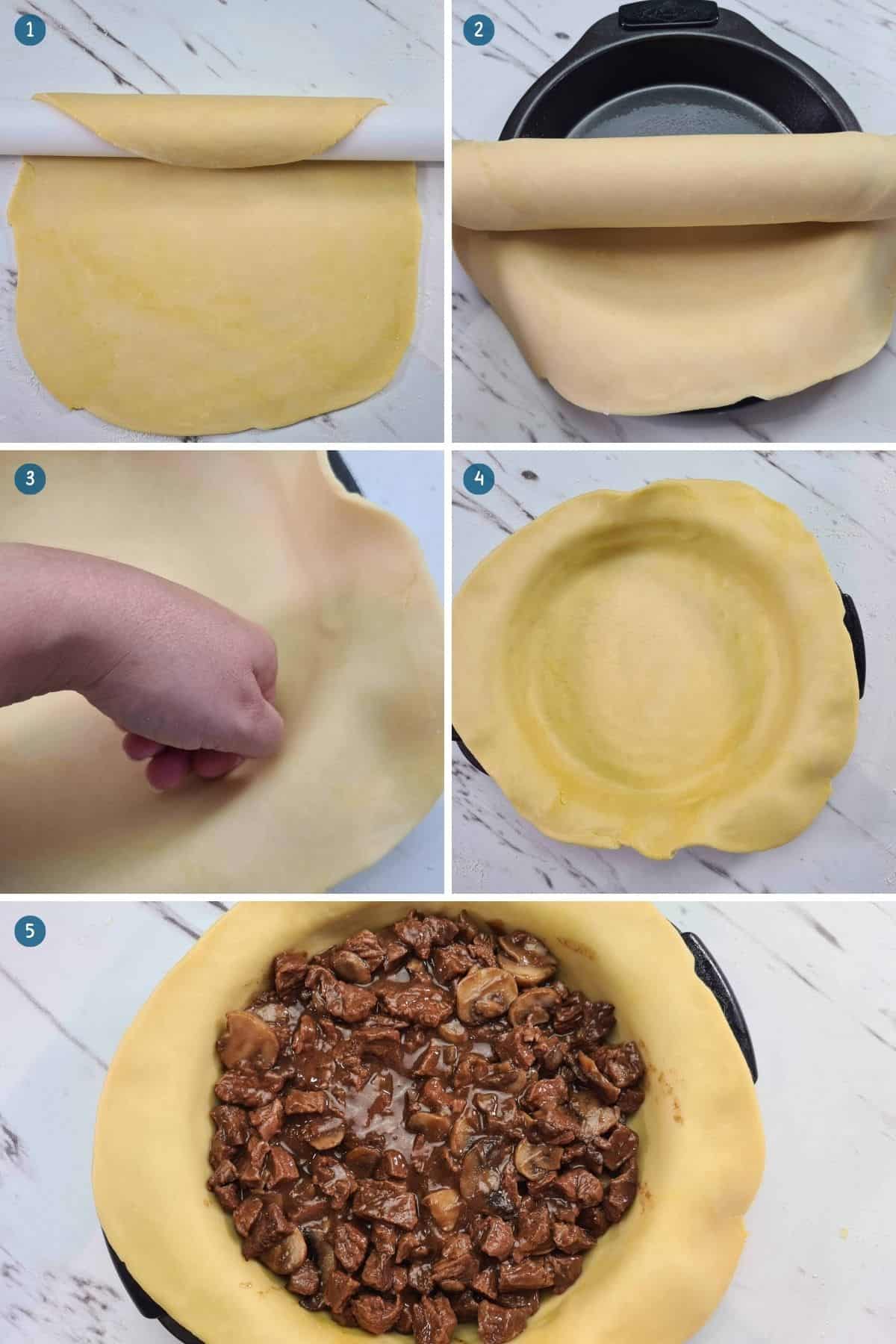 adding-the-base-layer-of-pastry-and-the-filling-for-chunky-steak-and-mushroom-pie