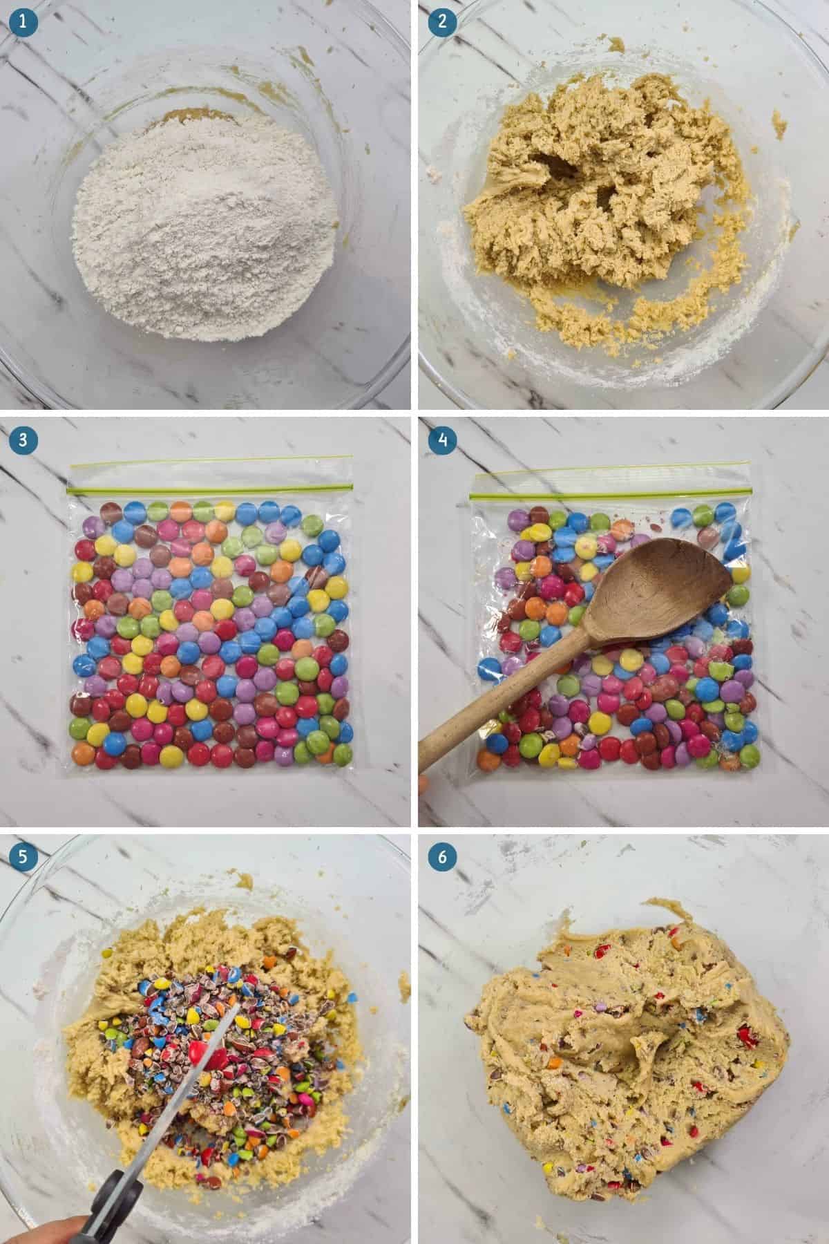 adding-the-dry-ingredients-and-smarties-for-smarties-cookies-recipe