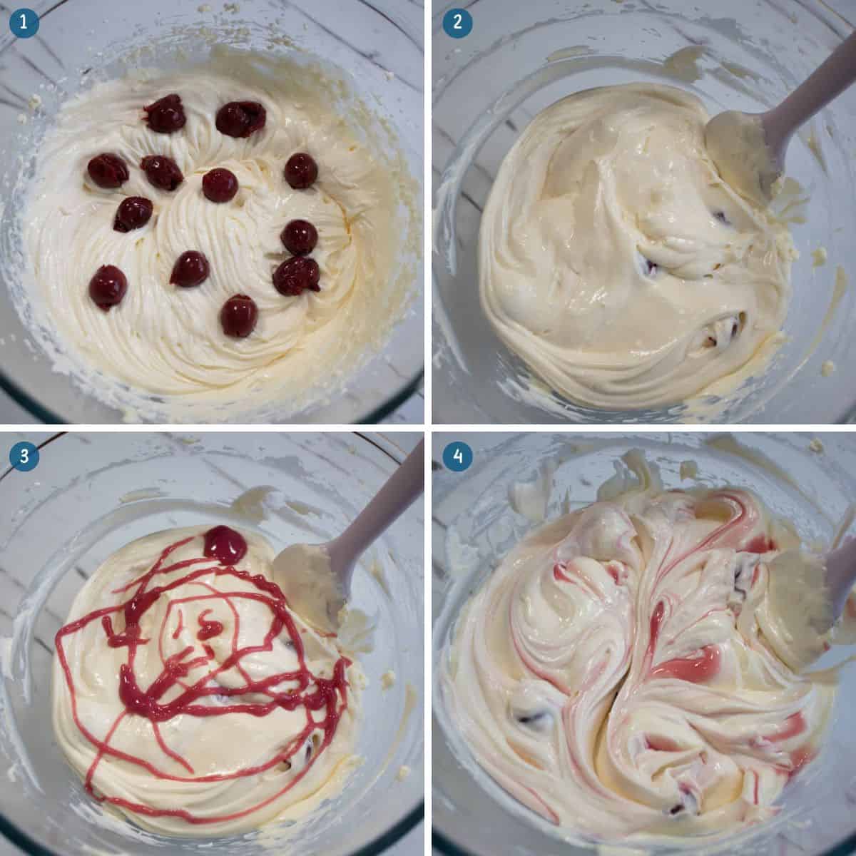 adding-the-cherries-and sauce-to the cheesecake-filling