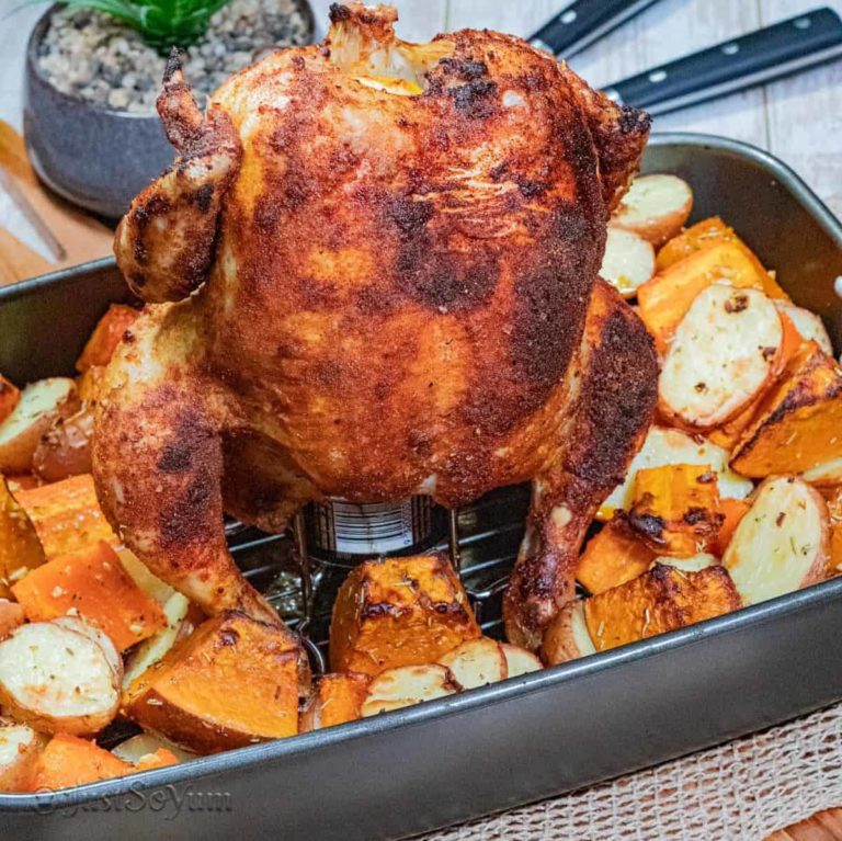 Super Juicy Oven-Roasted Beer Can Chicken and Vegetables