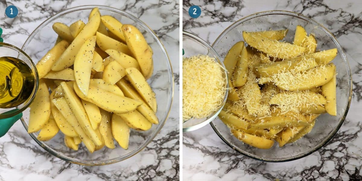 Add oil and parmesan cheese to the Garlic Parmesan Potato Wedges