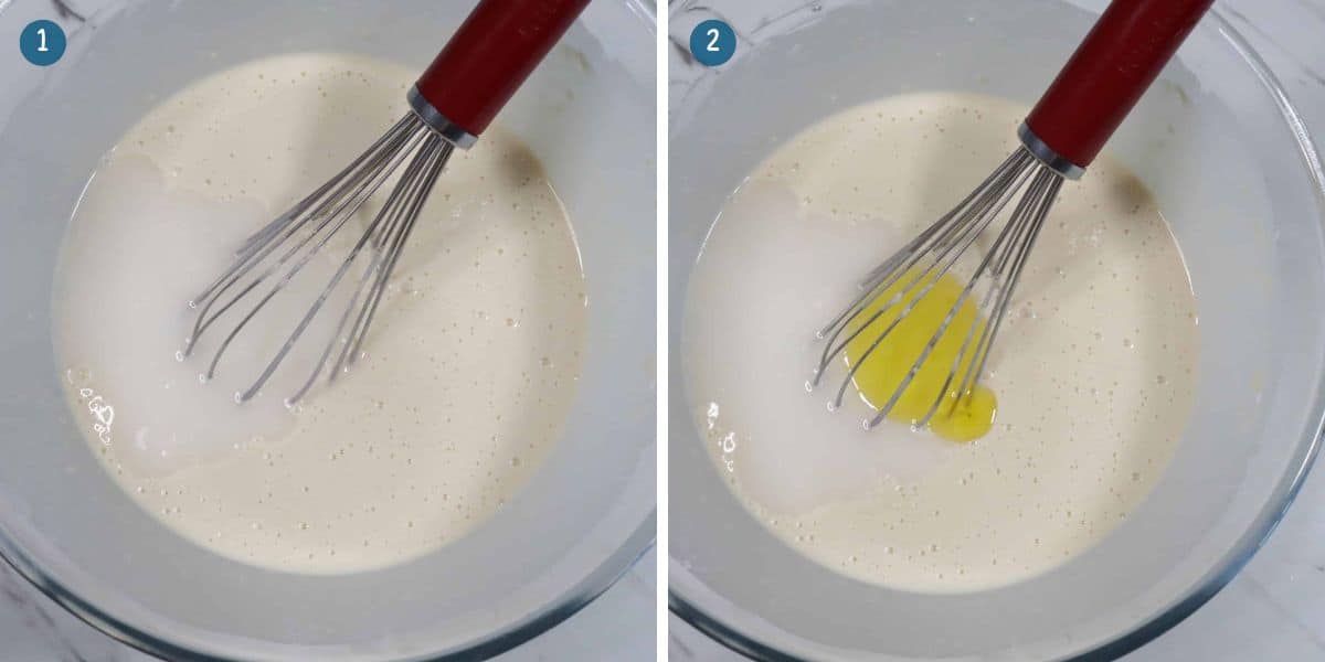 adding-water-and-olive-oil-to the-pancake-batter-for-pancake-lasagna