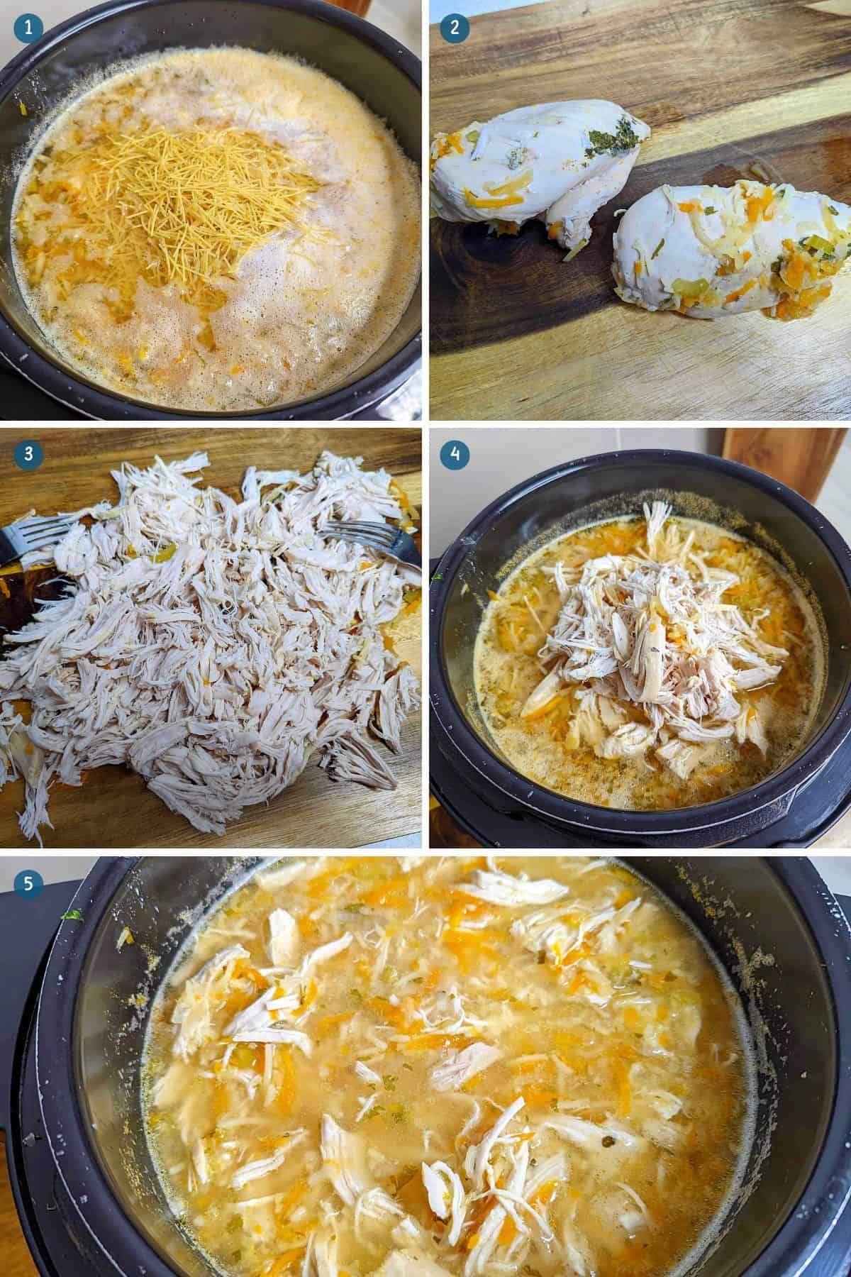 adding-the-noodles-andshredding-the-chicken