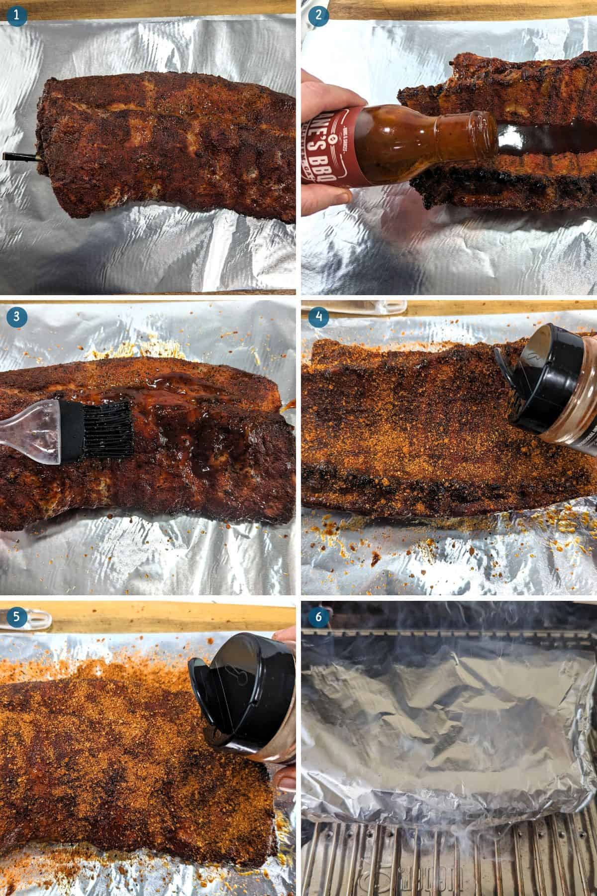 Drizzling Lane's BBQ Sauce and More Lane's Magic Rub onto the Baby Back Ribs