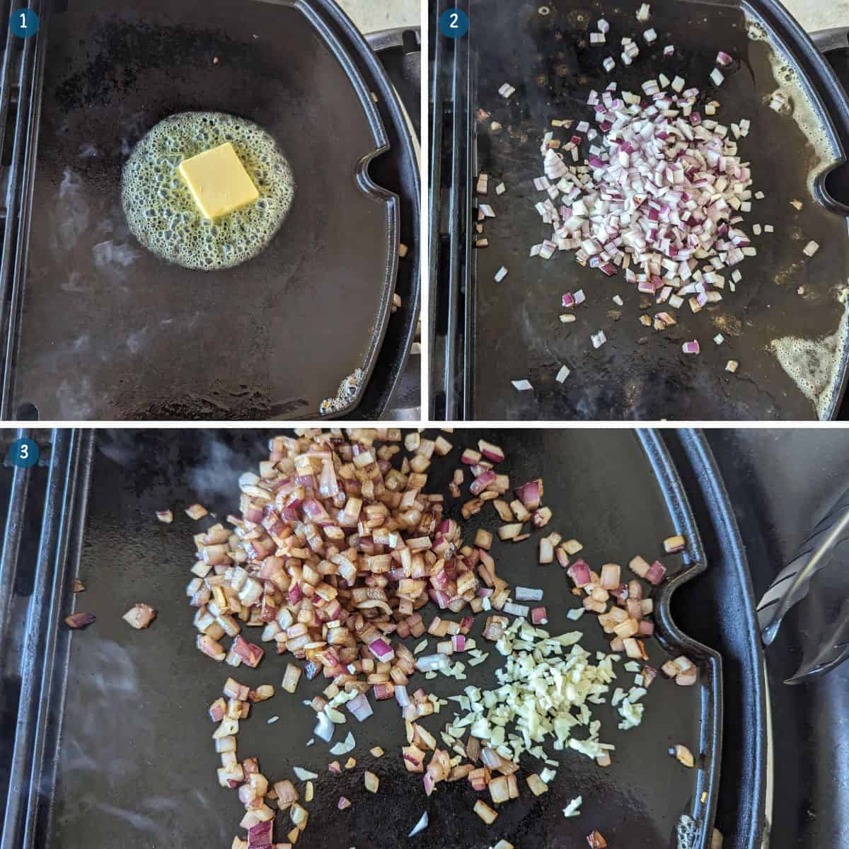 Adding onions and garlic to the Weber Q griddle