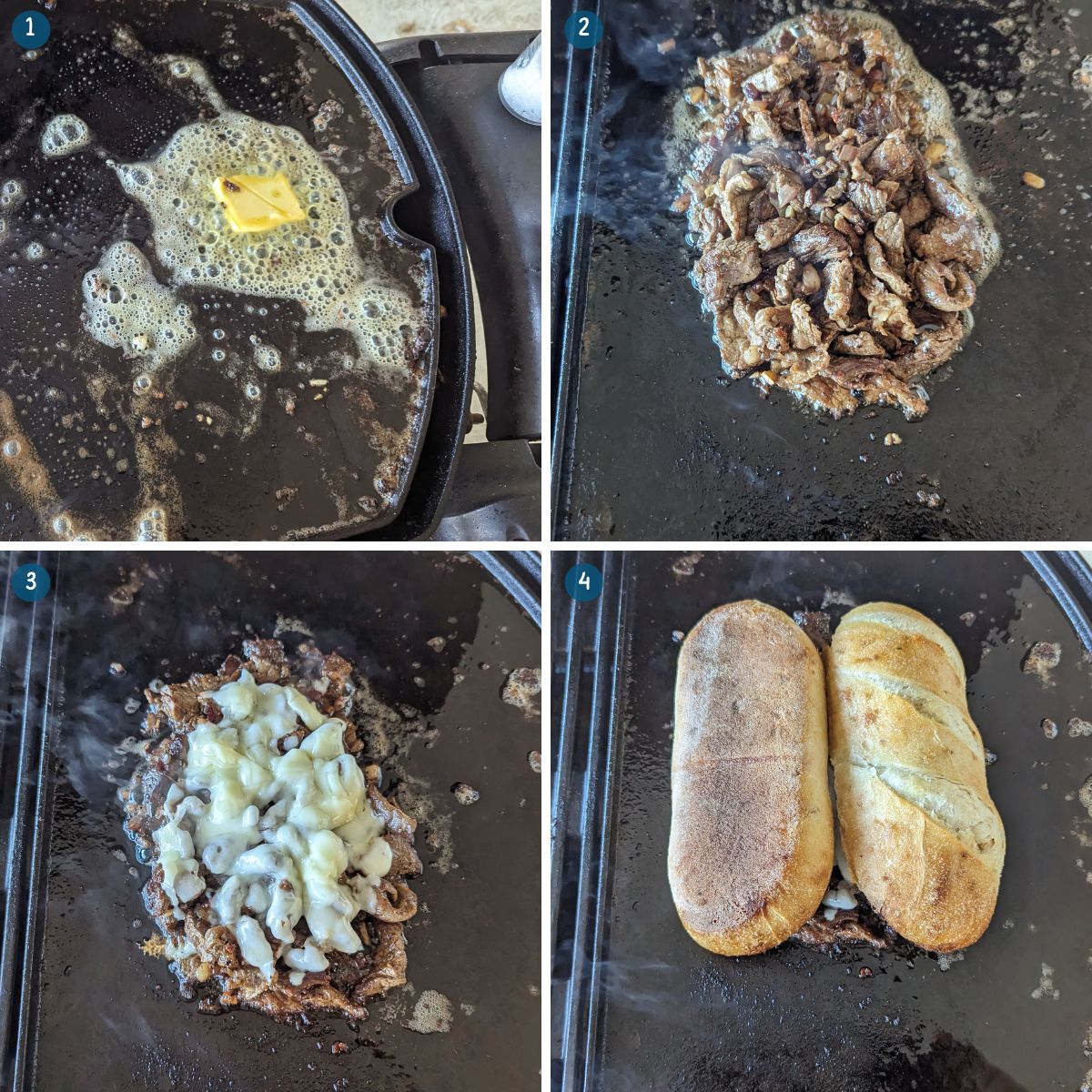 Melting the cheese and assembling the Weber Q Philly Cheesesteak Sandwich