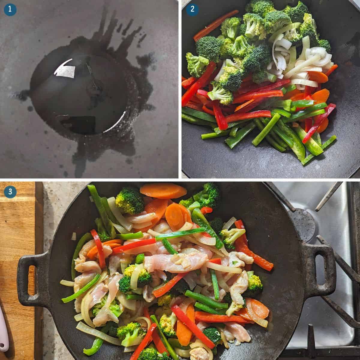 Stir-frying the vegetables for Chinese chicken and vegetables