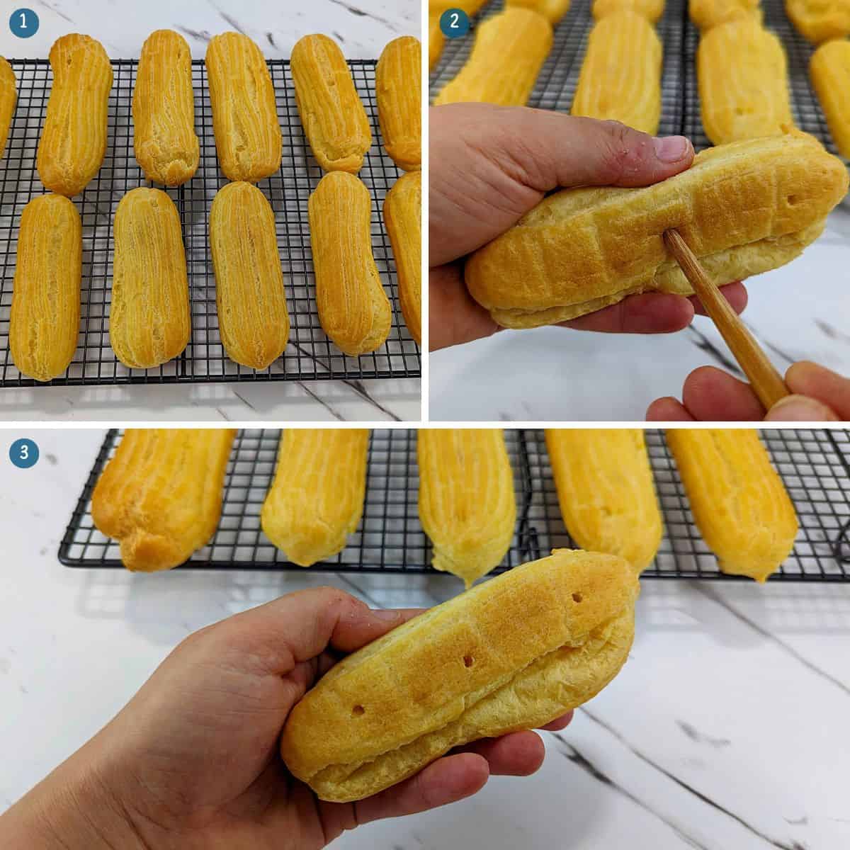 cooling-and creating-the-holes-for-the-cream-in-the-eclair-shells